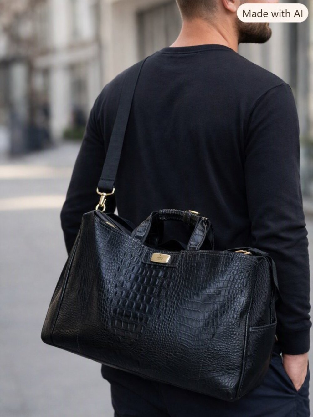 Rofand Black Faux Leather Croc Embossed Travel Duffel Bag Unisex 17x12x6